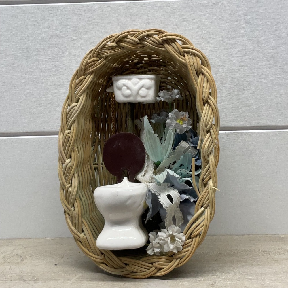Vintage Miniature Toilet Diorama in Woven Wicker Basket Floral Lace Decor